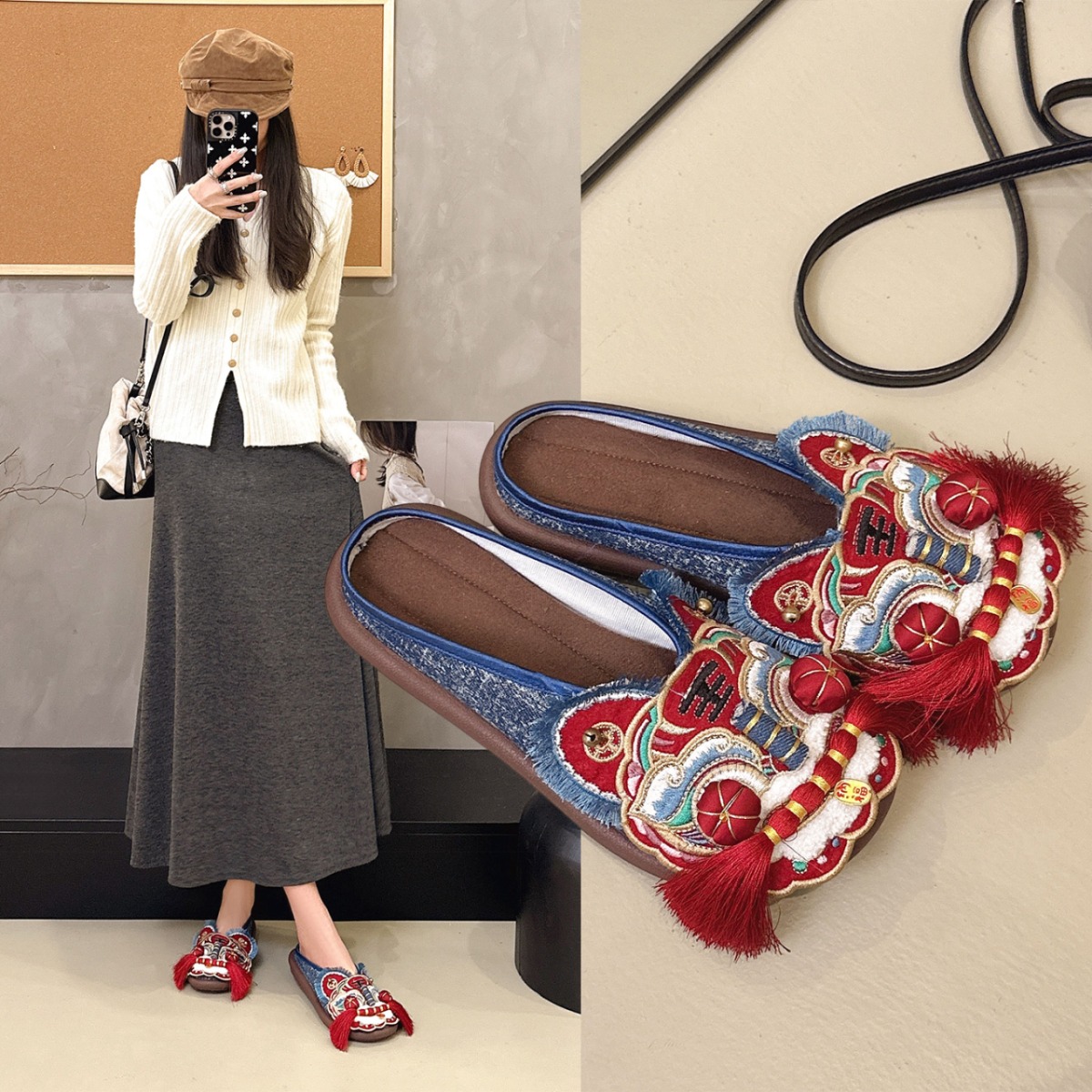 Ethnic Fashion House - 春/秋 女性用 レトロエスニックスタイル 手作りの虎の頭刺繍入り 室内スリッパ フラットシューズ