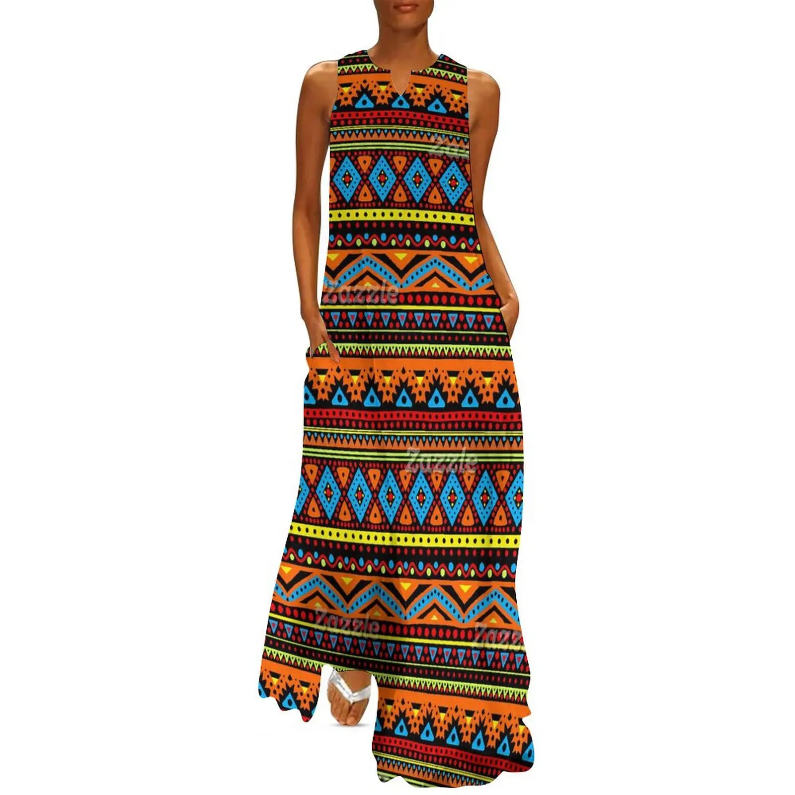 Ethnic Boho Fashion - ヴィンテージエスニックロングドレス赤オレンジ黄色ヴィンテージマキシドレスストリートファッション自由奔放に生きるビーチドレスレディース V ネックビッグサイズ Vestidos