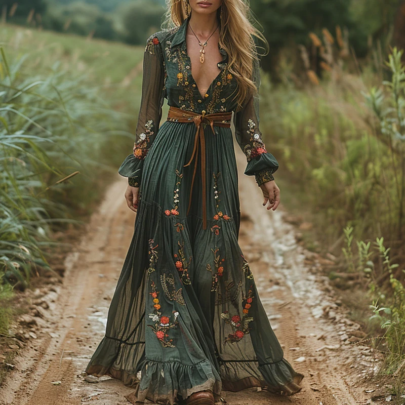 Ethnic Boho Fashion - エスニックファッション花柄ヴィンテージドレス女性のセクシーな V ネック弾性ウエストロングドレス春秋長袖自由奔放に生きるマキシドレス