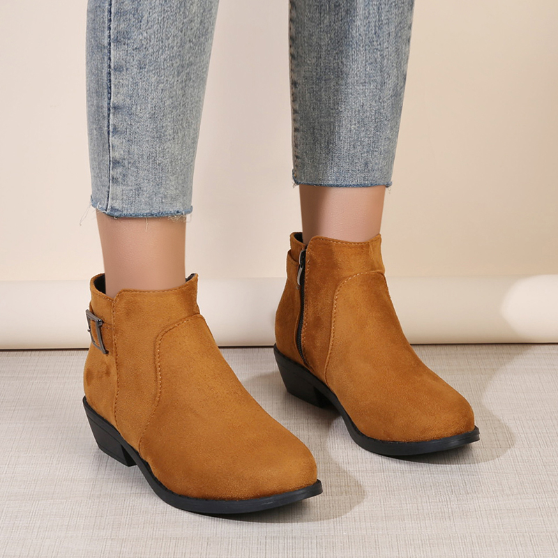 Ethnic Styling Tips - 秋/冬の女性スクエアヒール尖った先端スエードサイドジッパーバックルアンクルブーツファッションエスニックスタイルショートブーツプラスサイズ 43