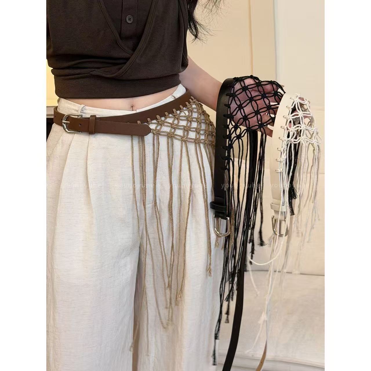 Ethnic Boho Fashion - カジュアル Y2K タッセル織りウエストベルトレトロメッシュボヘミアンスタイルベルトボヘミアンエスニックスタイル織りタッセルウエストバンドウエストアクセサリー