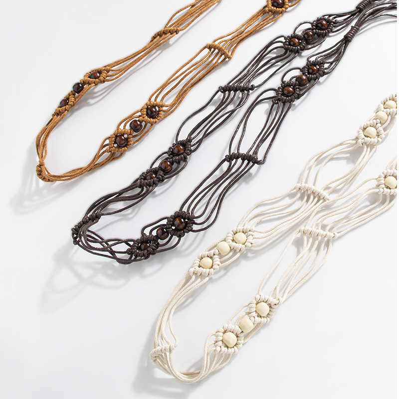 Ethnic Boho Fashion - ファッショナブルなボヘミアンスタイルの花柄結び目木製ビーズレディースベルト編み込みカジュアルエスニックリゾートスタイルエレガントウエストコード