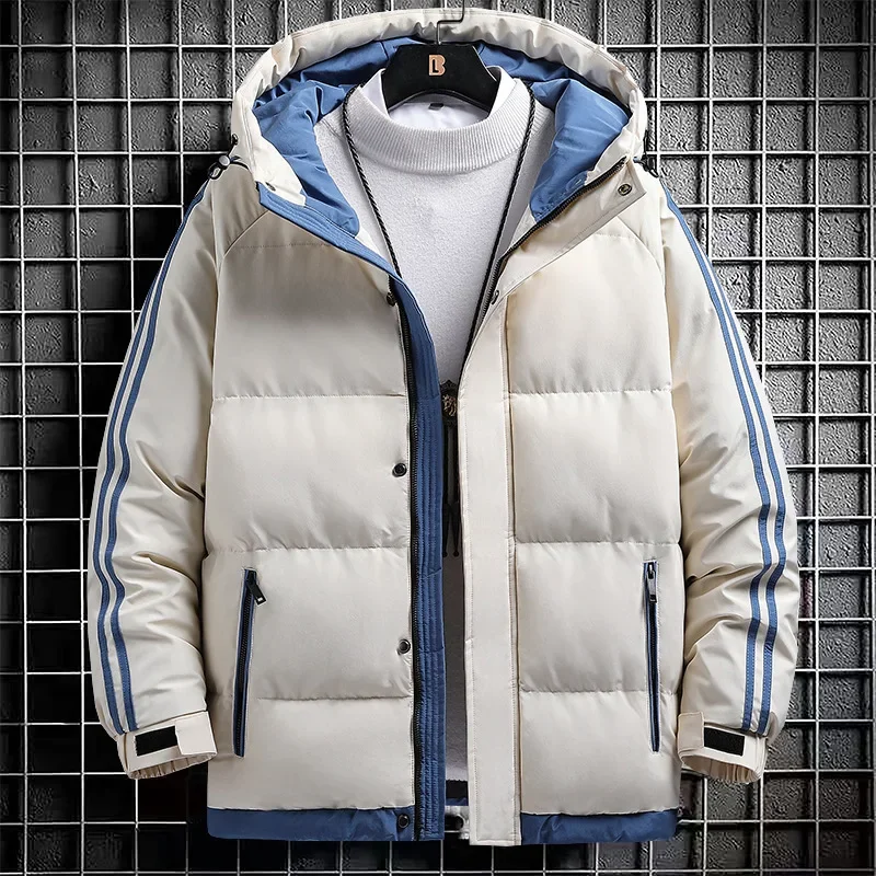Haori Japanese Jacket - 韓国と日本のメンズの新しい冬のトレンディな若者のツーストリップブレッドジャケット、レジャーフード付きの暖かい綿入りジャケット。