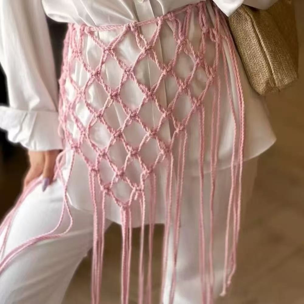 Ethnic Boho Fashion - ファッションボヘミアンネットフリンジウエストバンド装飾タッセルエスニックデザインウエストラップ手織りビキニカバーアップ多用途スタイリング