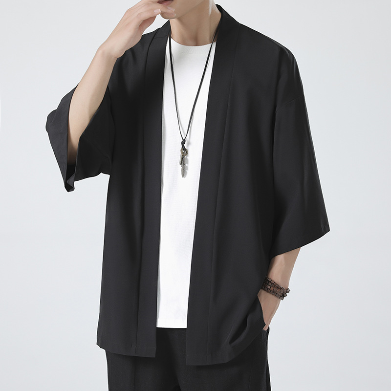 Haori Japanese Jacket - ホットメンズ軽量着物伝統的な和服男性オープンフロントカーディガンマント羽織浴衣ジャケットコート黒