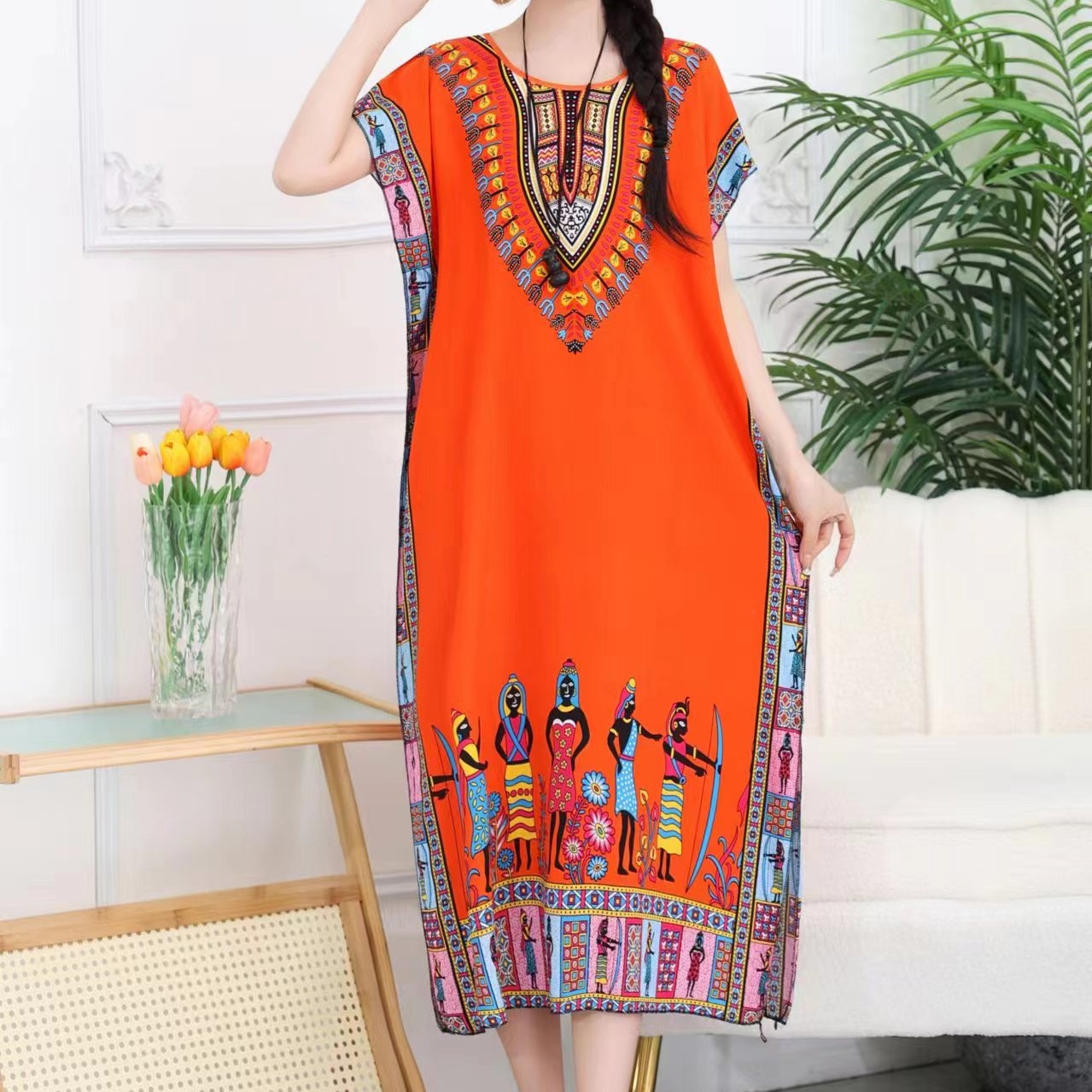 Ethnic Boho Fashion - カジュアルエレガントなボヘミアンプリントエスニックスタイルレトロ花柄女性夏のストリートウェアバットウィングスリーブルーズチュニックマタニティドレス
