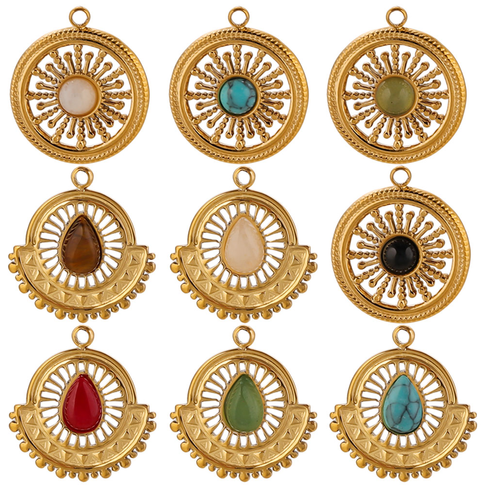 Ethnic Boho Fashion - 4 個ステンレス鋼フラワーファン天然石チャーム自由奔放に生きるペンダント DIY ファッションジュエリー作成ネックレスイヤリングアクセサリー