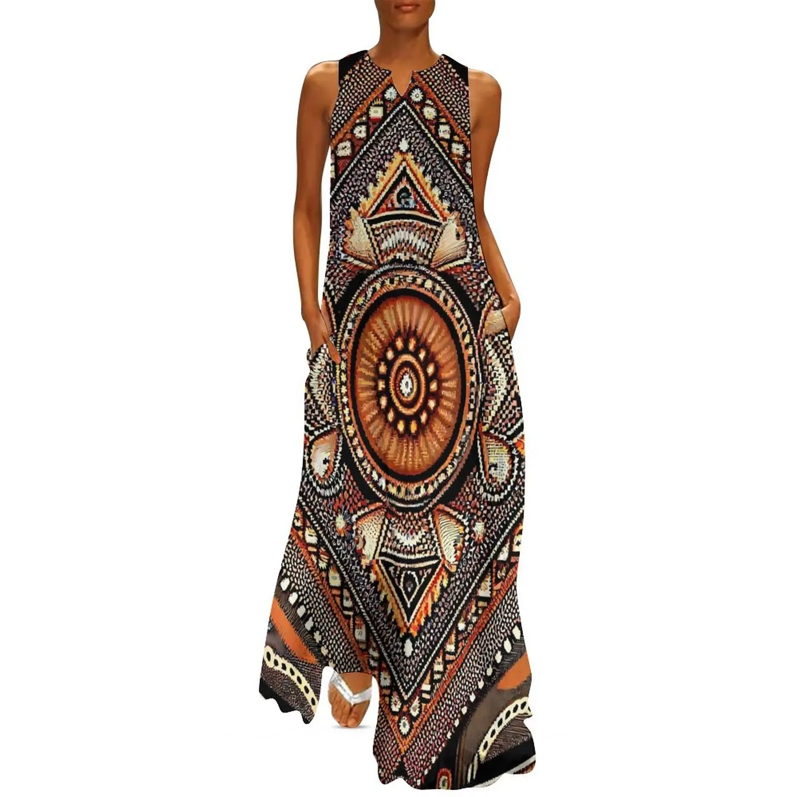 ヴィンテージエスニックロングドレス赤オレンジ黄色ヴィンテージ - Ethnic Boho Fashion のレビューと価格