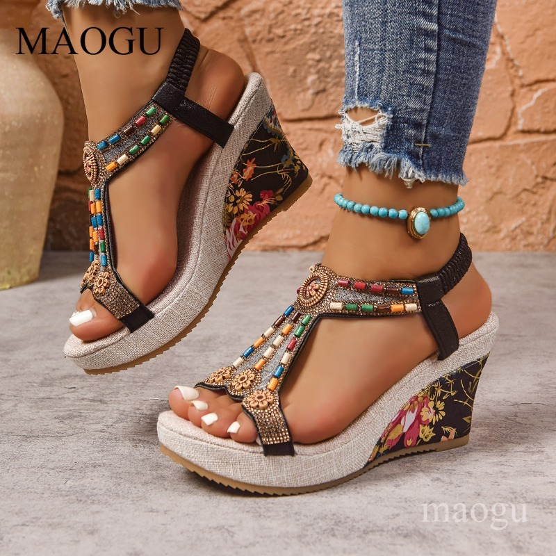 ボヘミアンビーズ付き花柄ウェッジサンダル女性用オープントゥ弾 - Ethnic Boho Fashion のレビューと価格