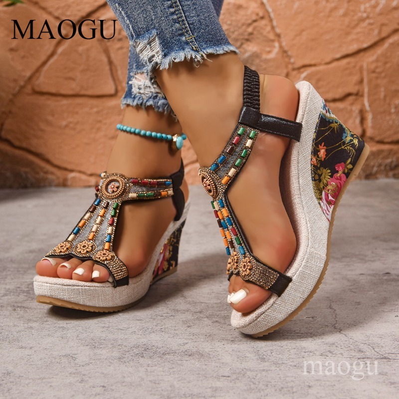 ボヘミアンビーズ付き花柄ウェッジサンダル女性用オープントゥ弾 - Ethnic Boho Fashion のレビューと価格