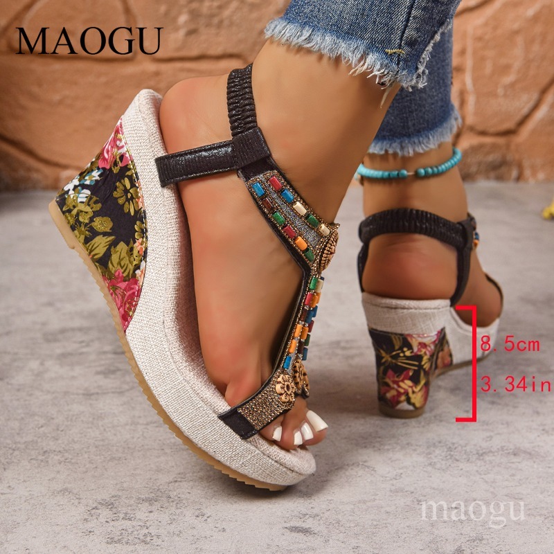 ボヘミアンビーズ付き花柄ウェッジサンダル女性用オープントゥ弾 - Ethnic Boho Fashion のレビューと価格