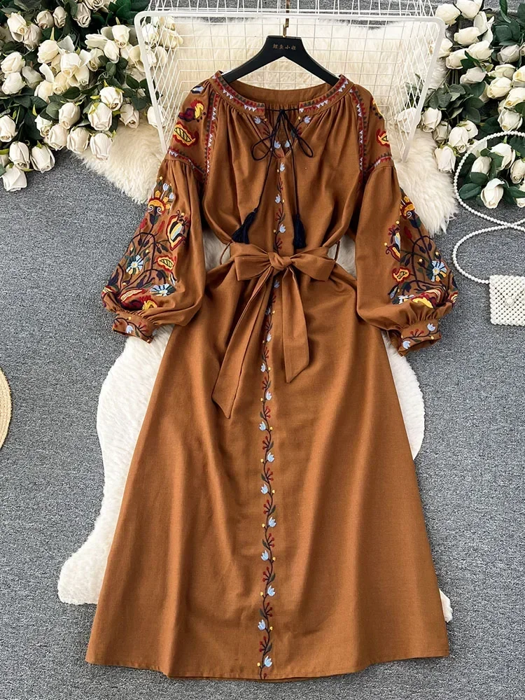 女性春秋ドレスヴィンテージエスニックスタイルランタン長袖刺繍 - Ethnic Boho Fashion のレビューと価格